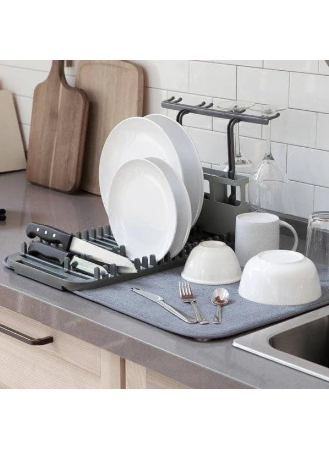 رف تجفيف أطباق مع حصيرة من الألياف الدقيقة، صينية رف أطباق قابلة للإزالة، رف تجفيف أطباق وحصيرة تجفيف لسطح المطبخ، حوض المطبخ - لتجفيف الأكواب والأوعية والأطباق - Image 3